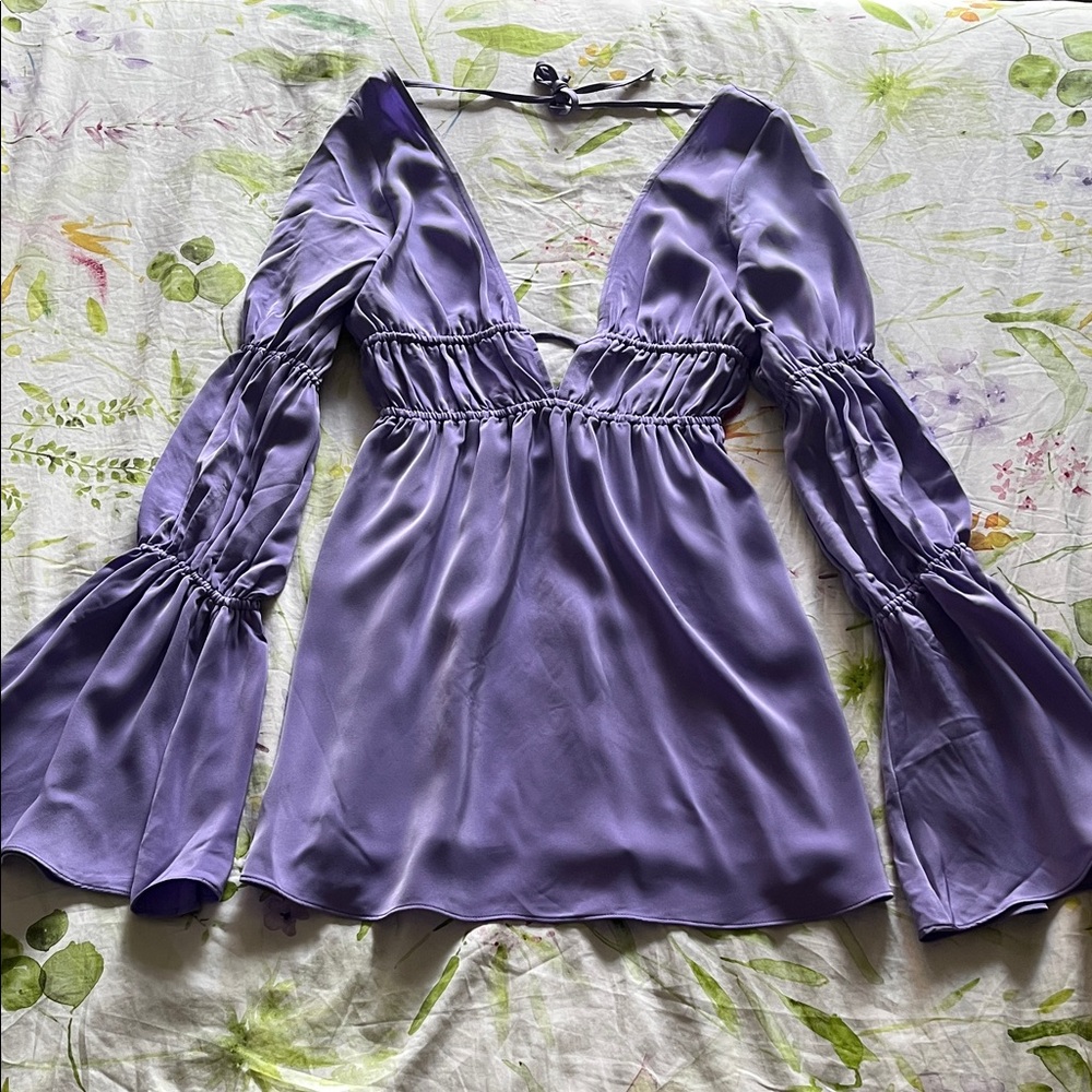 WeWoreWhat Lavender Mini Dress with Flared Sleeves And Open Back